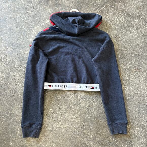 Tommy Hilfiger Crop Top Hoodie Womens S Blue Y2K Retro Sweater Sweatshirt - Picture 4 of 9
